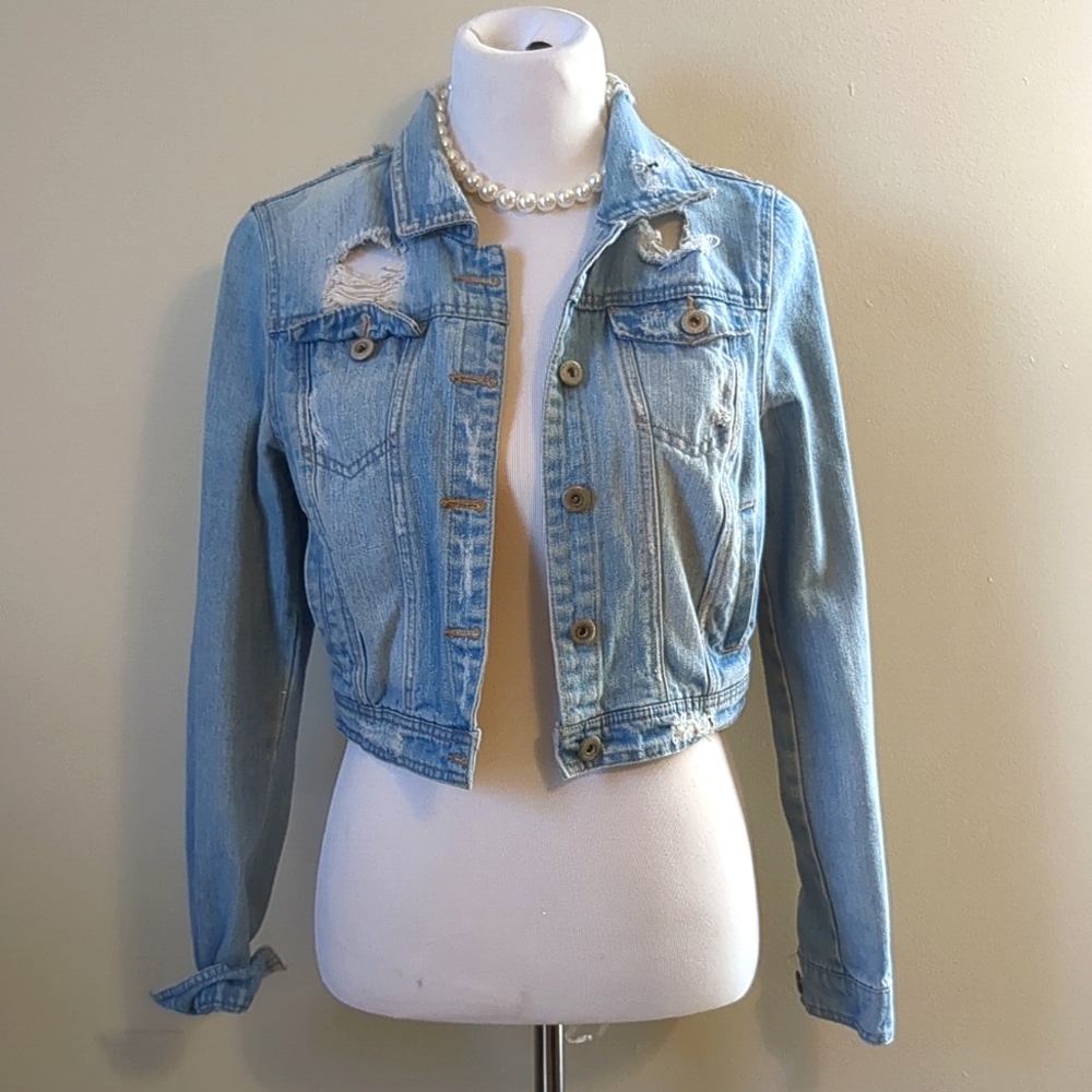 Highway Jeans Distressed Cropped Button Down Denim Jacket
